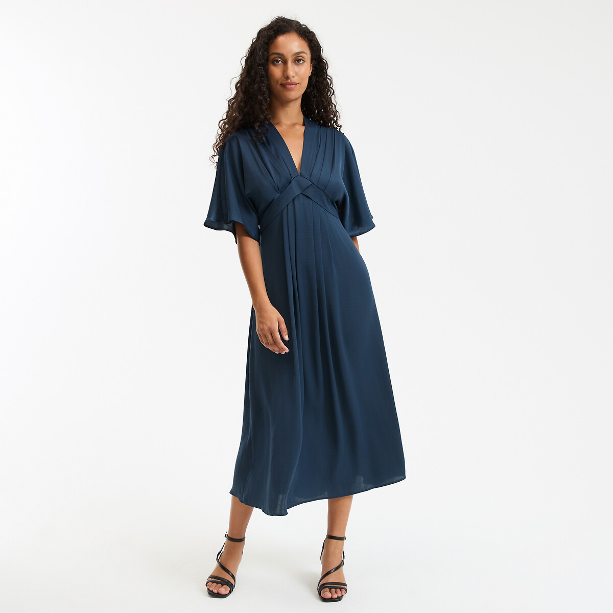 COLEÇÃO LA REDOUTE<br>Vestido longo com estampa de bandeira, decote em V e mangas até o cotovelo