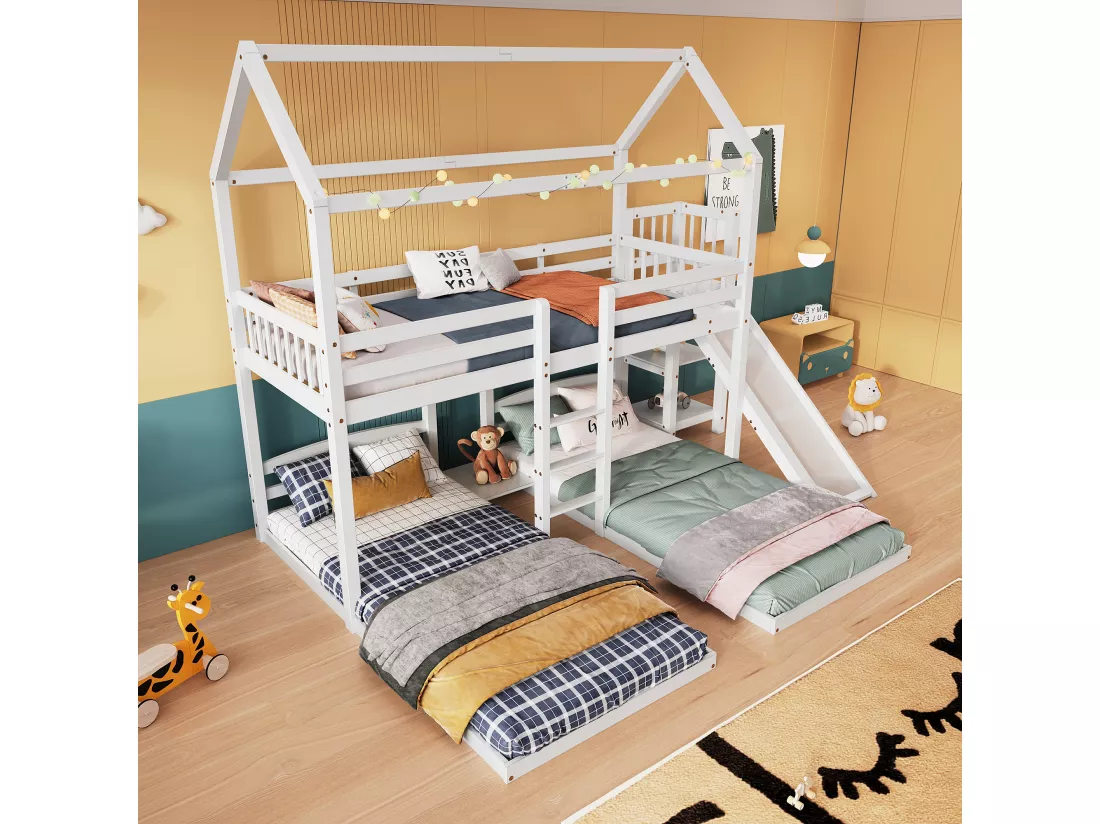 Lits superposés triples 3 x 90 x 200 cm avec toboggan et étagères - sommier à lattes seul au dessus - pin + MDF - blanc (sans matelas)