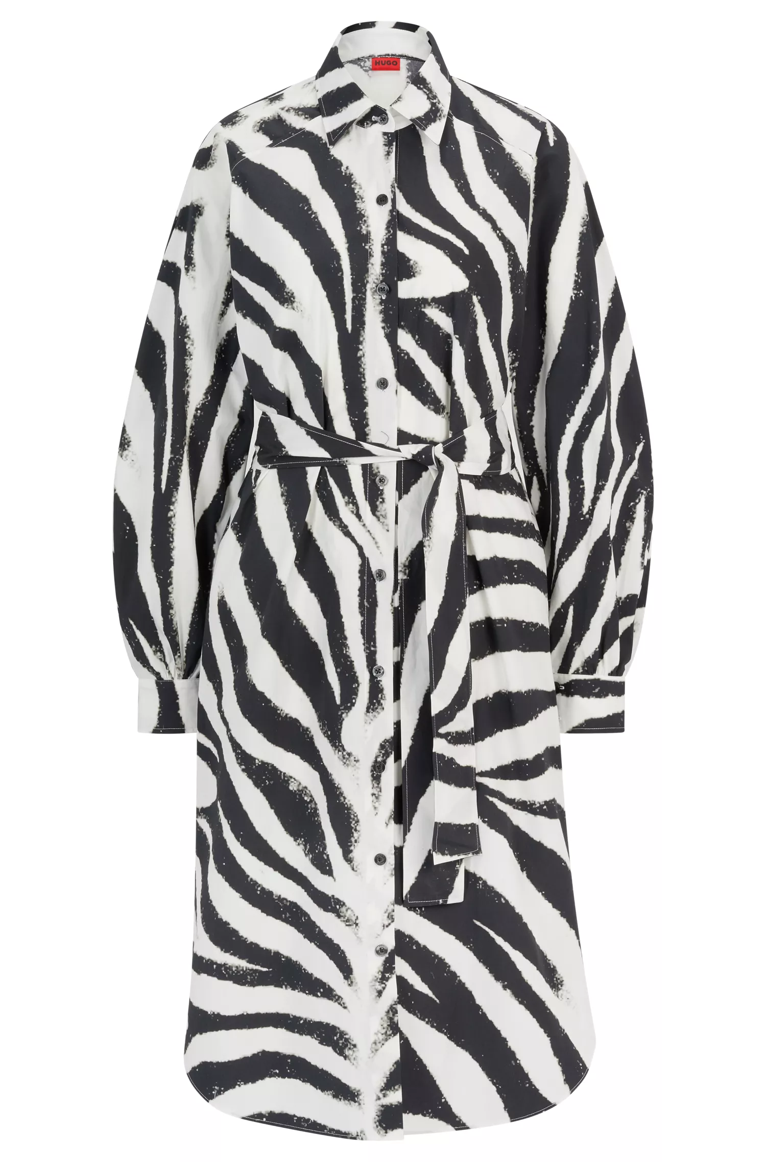 Vestido camiseiro HUGO em popeline de algodão vermelho com estampa de zebra.