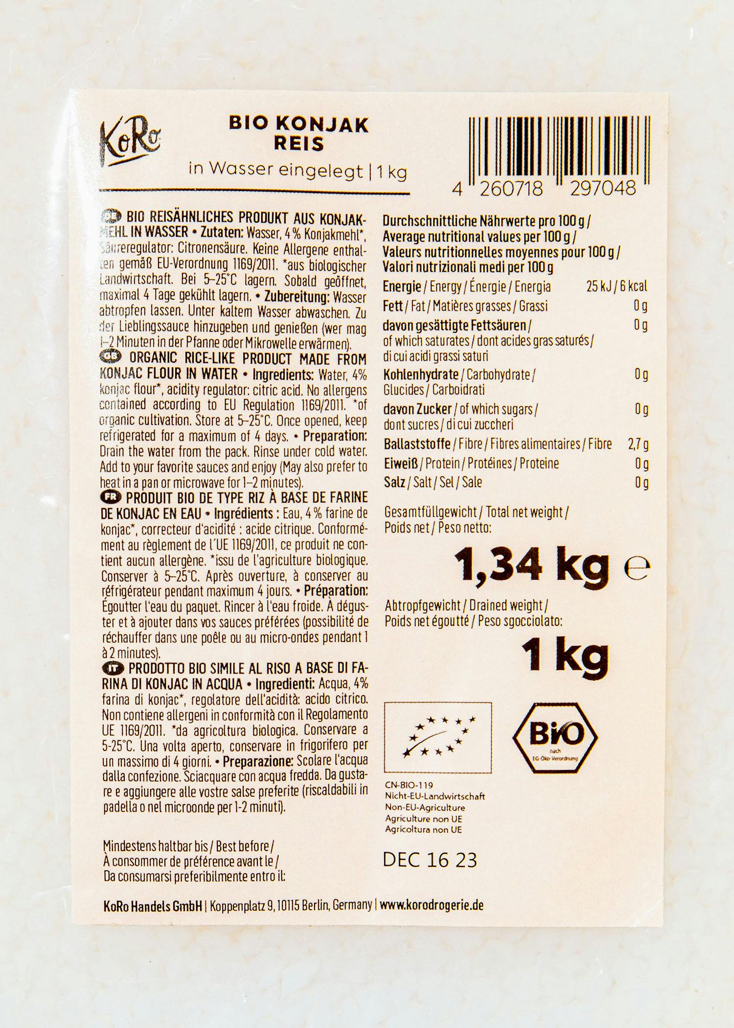 Bio Konjak Reis in Wasser 1 kg
