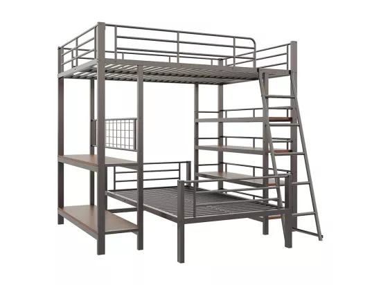 Lit superposé, cadre en métal, lit en mezzanine, 140*200, lit multifonctionnel avec plusieurs compartiments de rangement, noir