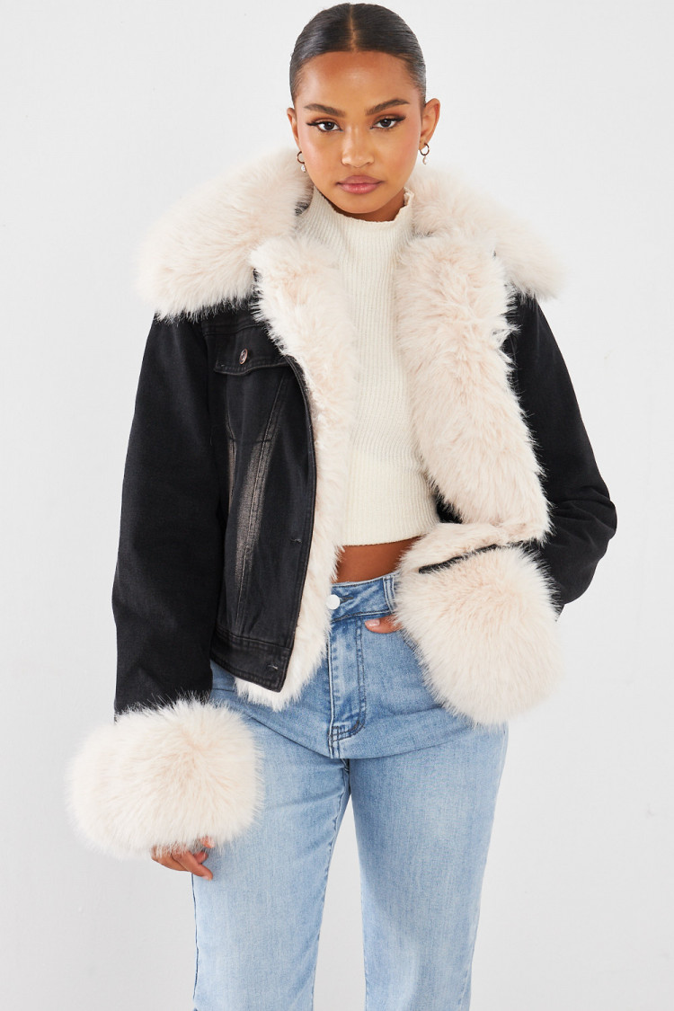 Veste en jean à fourrure noir/beige
