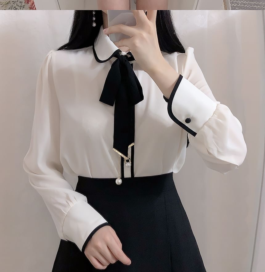 MELLO - Blouse met lange mouwen en strik en contrasterende rand