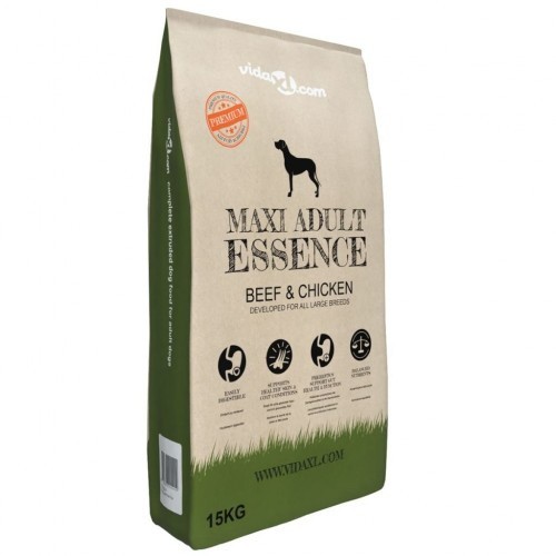 Ração Maxi Adult Essence para cães, sabor carne bovina e frango.