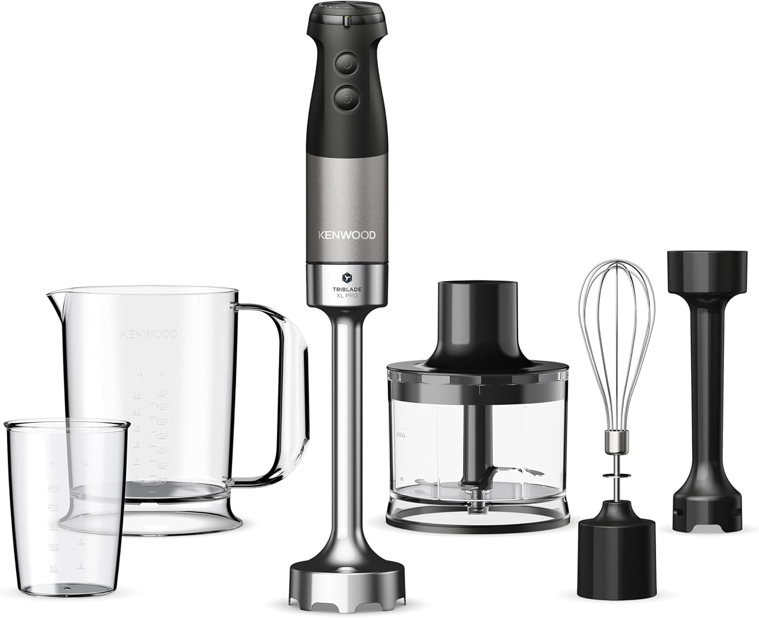 Kenwood Triblade XL Pro Stabmixer HBM80.322BK, 1200W, variable Geschwindigkeiten, Edelstahl(Pürierfuß), Schneebesen, Emulgieraufsatz, 500ml Zerkleiner, 700 & 250ml Becher, spülmaschinenfeste Teile