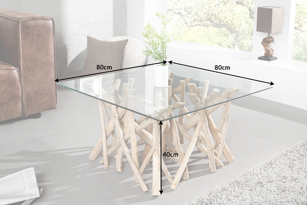 Design Teakholz Couchtisch DRIFTWOOD 80cm mit Glasplatte eckig