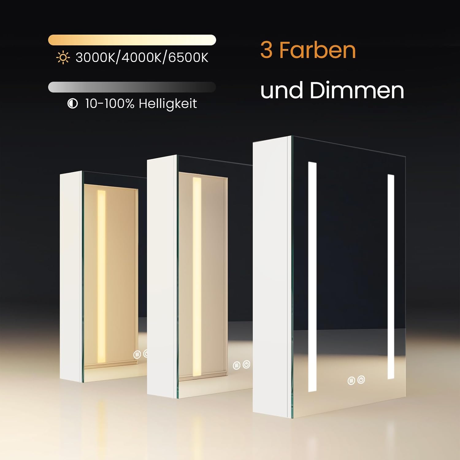 EMKE Spiegelschrank Bad Mit Beleuchtung 50x70cm, 3 Dimmbare Lichtfarben, Antibeschlag, Steckdose, Badezimmer Mit Glasablage, Weißer Doppelspiegel, Speicherfunktion