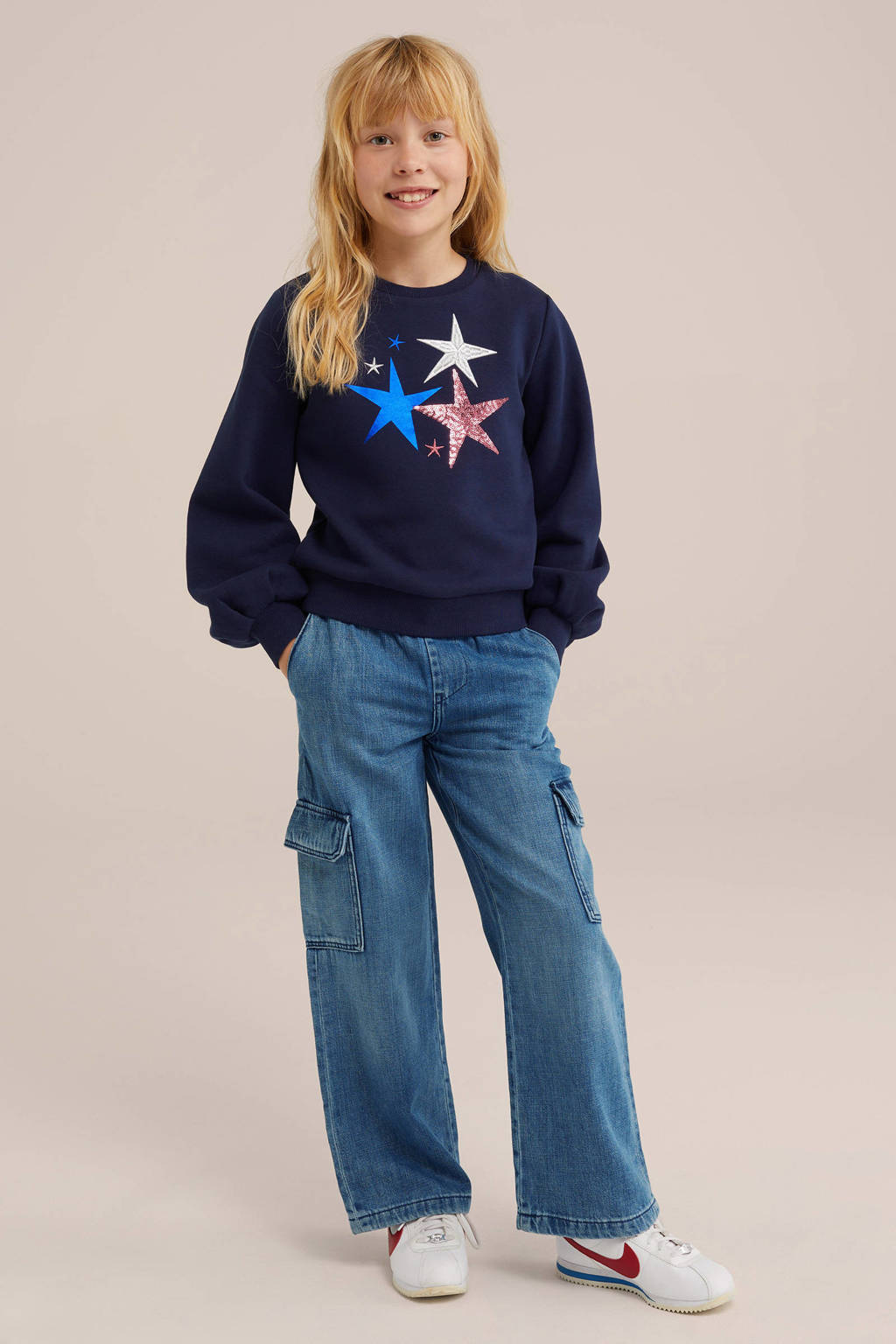 WE Fashion sweater met printopdruk en pailletten donkerblauw