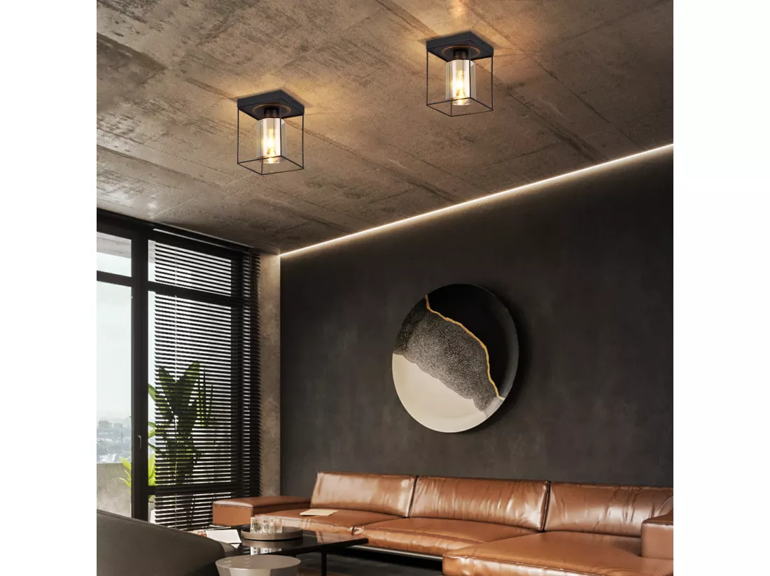 NETTLIFE Plafonnier couloir plafonnier verre 1 ampoule E27 vintage avec métal noir style industriel rétro