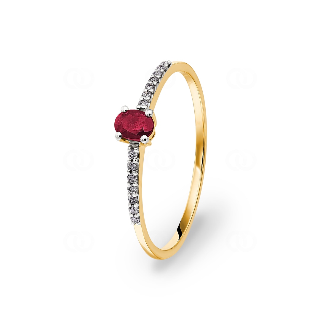 Damenring 750/18 K Gelbgold mit Rubin oval & Diamanten 0.07 ct H/si