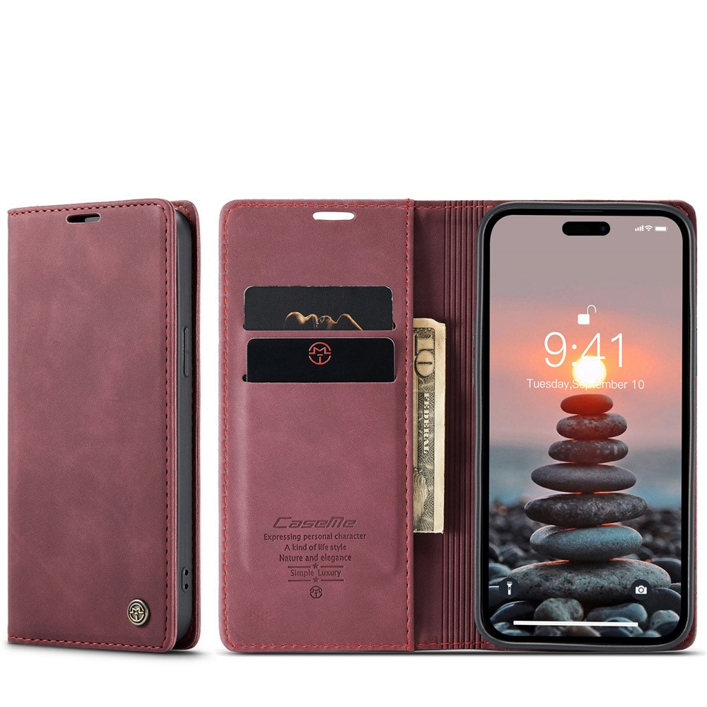 iPhone 15 Pro Leder Tasche Flip Wallet Etui mit Kartenfächern - Rot