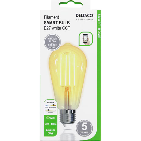 Deltaco Smart Filament LED glødepære E27 - hvid