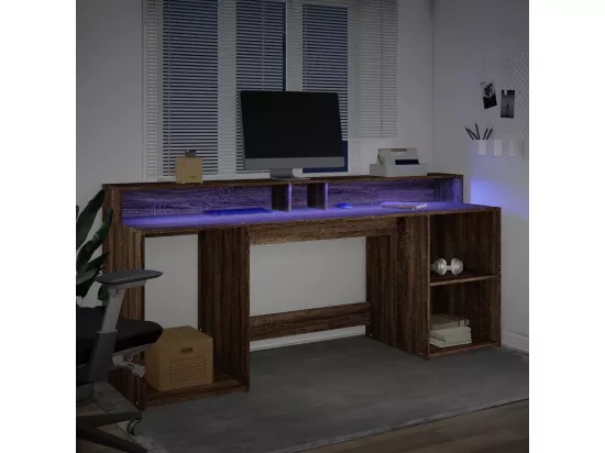 Bureau et lumières LED chêne marron bois d'ingénierie