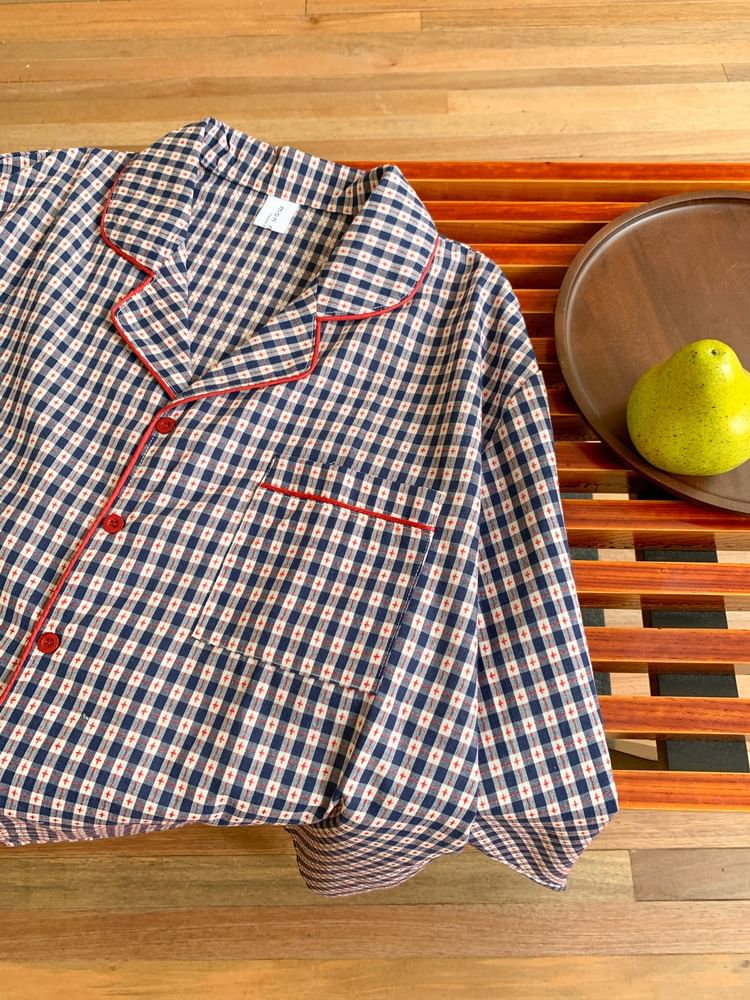 Tanee - Bijpassende pyjamaset voor koppels: top met lange mouwen, kraag, geruite knoopjes en broek (verschillende ontwerpen)
