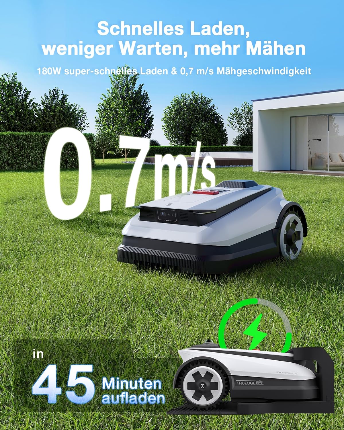 ECOVACS Goat A1600 RTK Mähroboter ohne Begrenzungskabel, 1600m², 330 mm Schnittbreite, LiDAR-unterstützte RTK+Vision Navigation, Rasenmäher Roboter, 100W Schnittleistung, 50% Steigungen