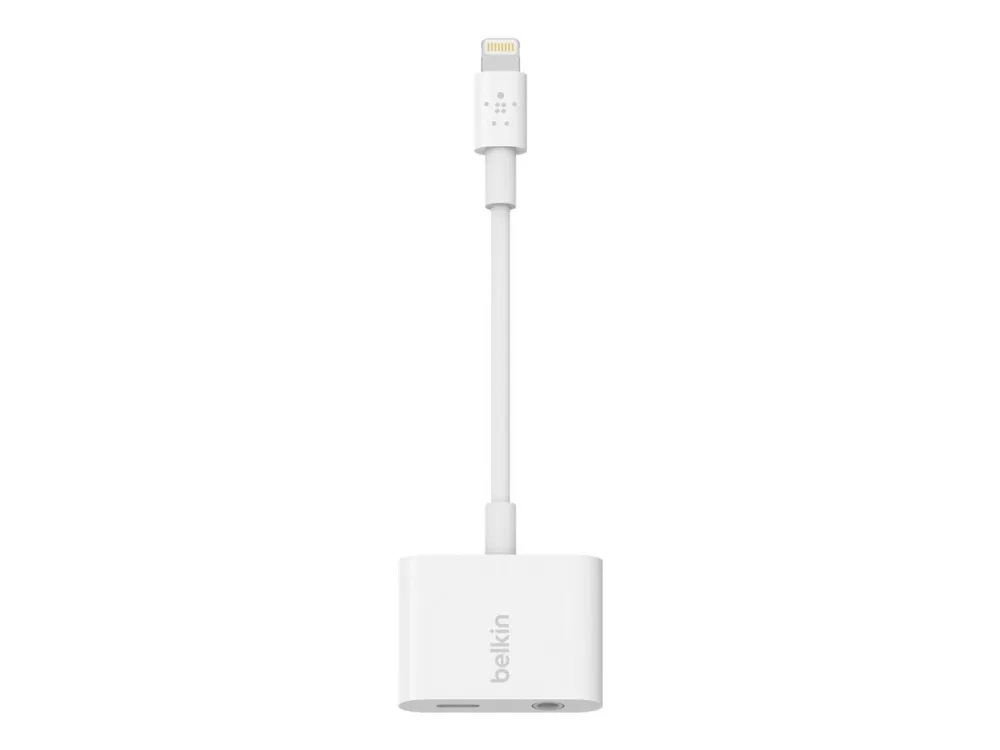 Belkin 3.5 mm Audio   Charge RockStar - Lightning til hovedtelefon-jackstik/opladningsadapter - Lightning (han) til 4-pæl ministik, Lightning (hun) - hvid - for Apple iPad/iPhone (Lightning)