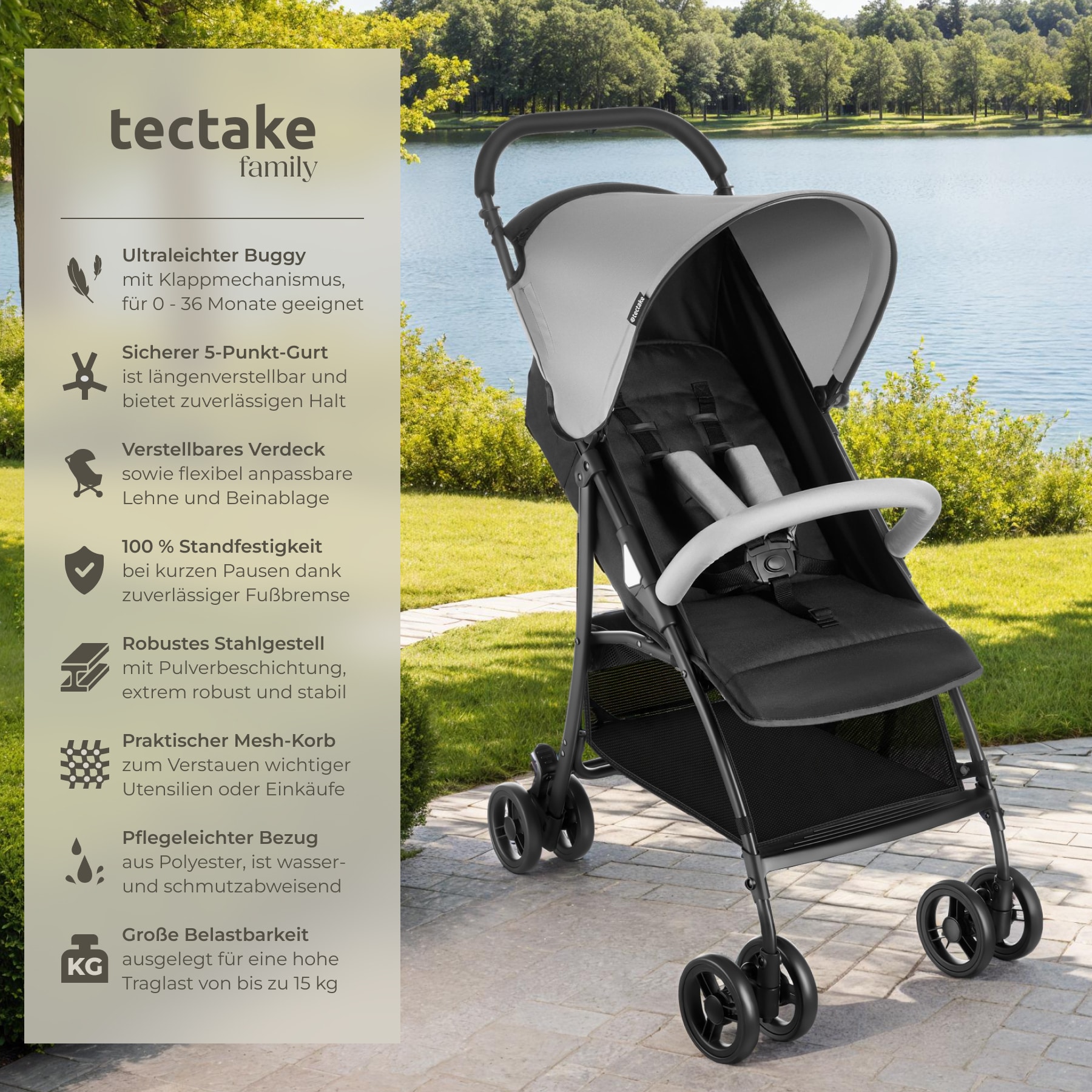 tectake® Buggy-Kinderwagen, klappbar, mit 5-Punkt-Gurt, Bremse und Schutzbügel, pulverbeschichtetes Stahlgestell und pflegeleichter Polyesterbezug, für 0 bis 36 Monate geeignet, Belastbarkeit 15 kg