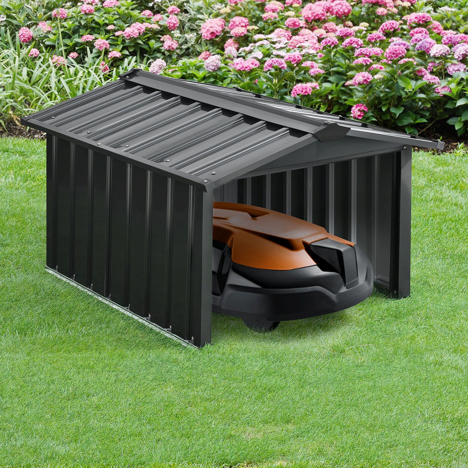 Juskys Mähroboter Garage mit Satteldach | Rasenmäher Dach Carport aus Metall | 86 × 98 × 63 cm