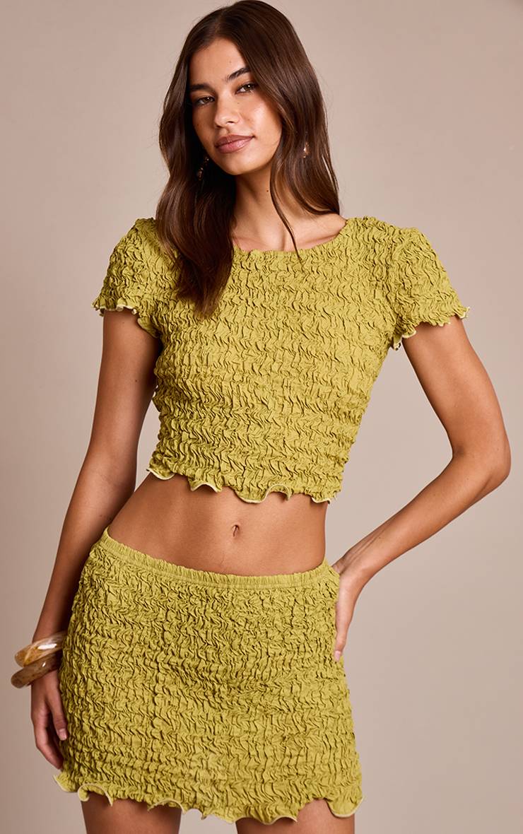 Vert Olive Haut Col Rond En Jersey Texturé Froissé