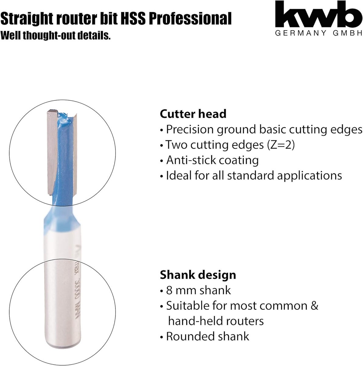 kwb HM sleuffrees Professional (voor hout, Ø 6 mm, werklengte 20 mm, schacht 8 mm, geschikt voor alle gangbare handfreesmachines), blauw/grijs
