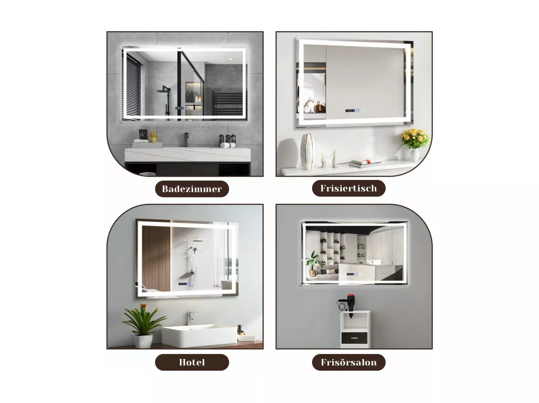 NETTLIFE Miroir lumineux salle de bain - 100x60 cm LED, IP44, interrupteur tactile, horloge désembuage, réglable