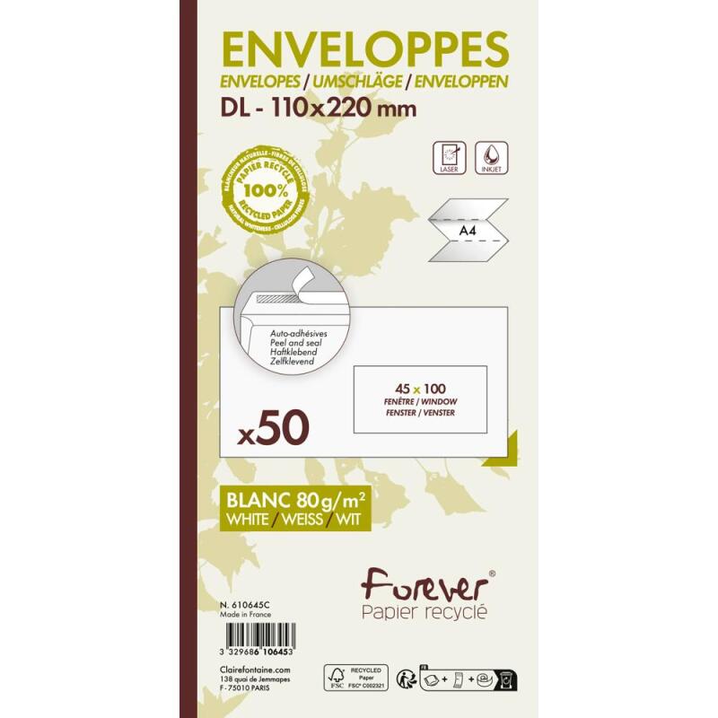 Enveloppe Forever blanche 100% recyclée 80 g/m² auto-adhésive avec bande de protection - Paquet de 50