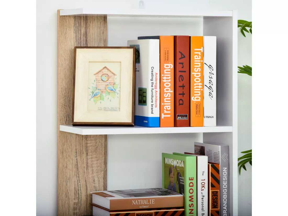 Bibliothèque Étagère de Rangement avec 5 Compartiments Ouverts Design Simple Moderne Idéale pour Salon Chambre Bureau 45 x 21 x 170 cm Blanc et Chêne