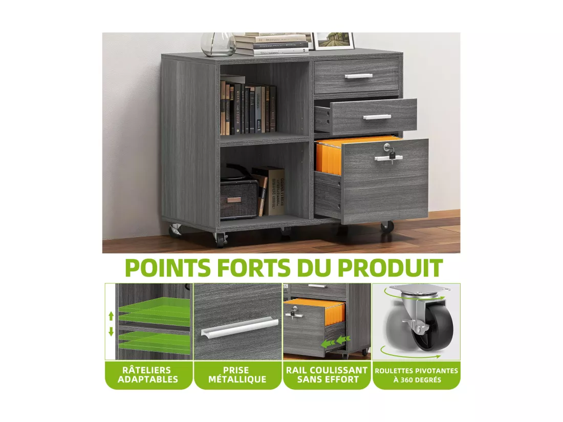 YITAHOME Armoire de Classement Mobile en Bois à 3 tiroirs, Armoire de Rangement avec Verrouillable, Gris