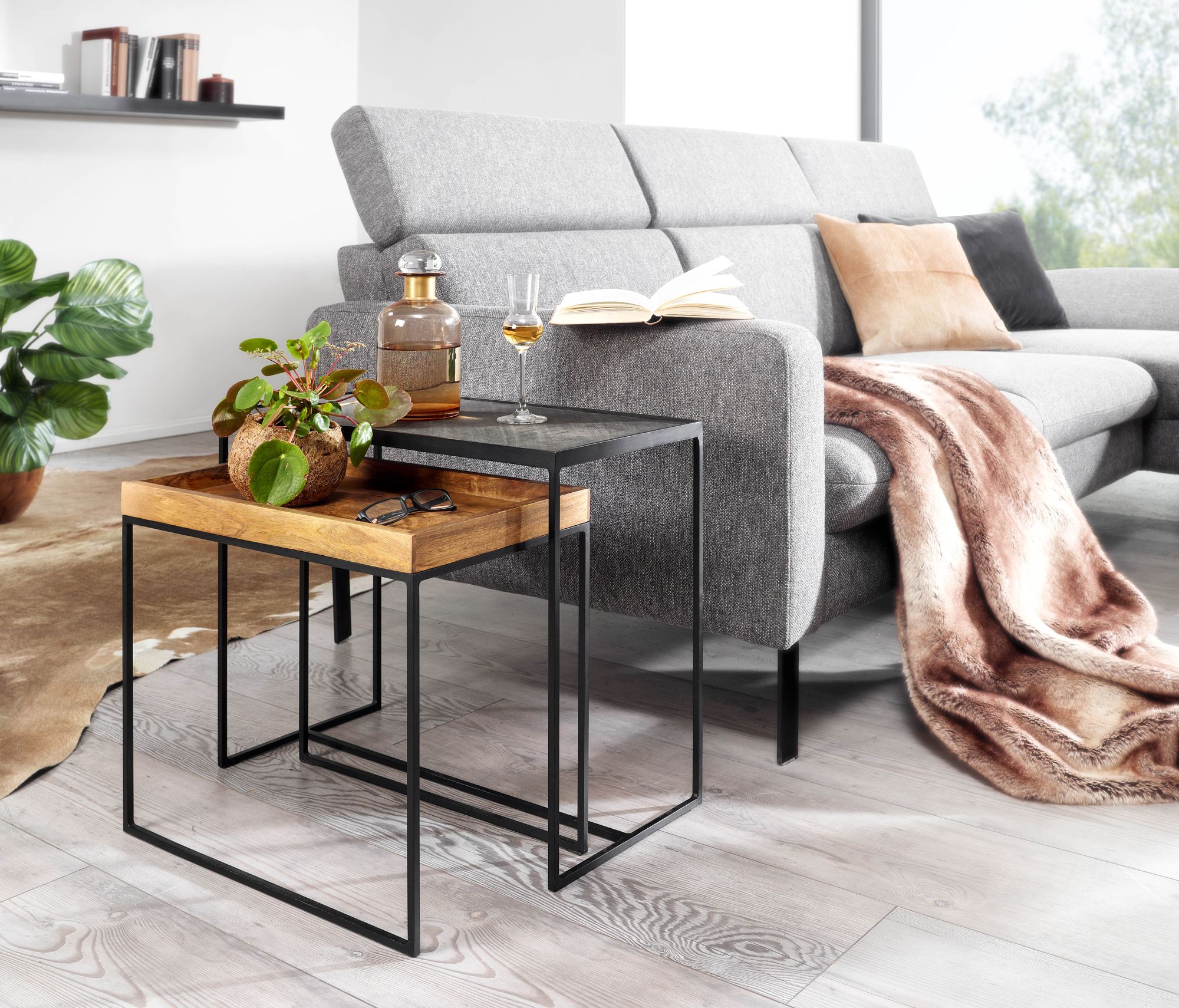 Beistelltisch FineBuy Satztisch Massivholz Stein 2 teilig Couchtisch Tisch Set
