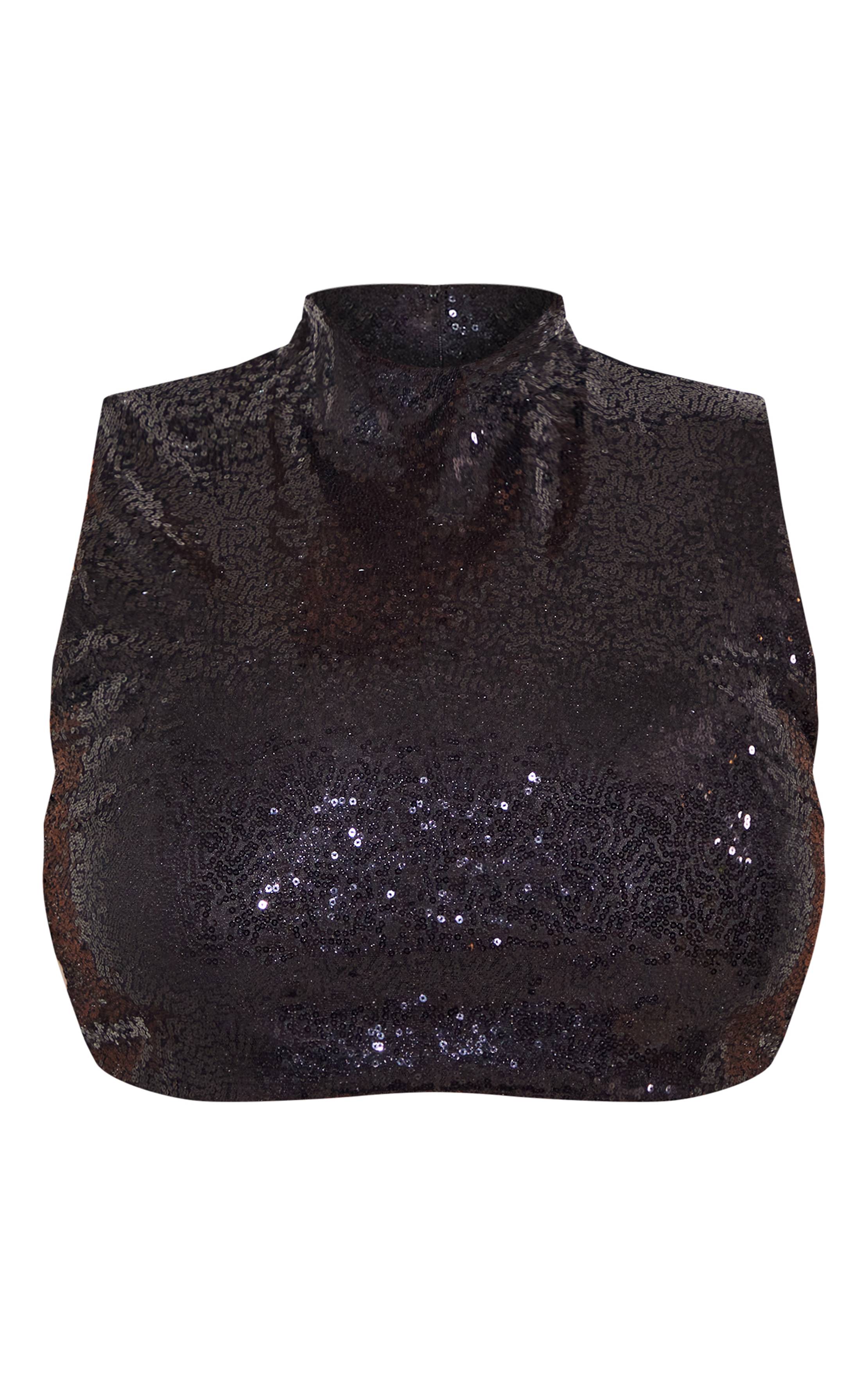 Noir Top Court Grande Taille Col Montant À Sequins