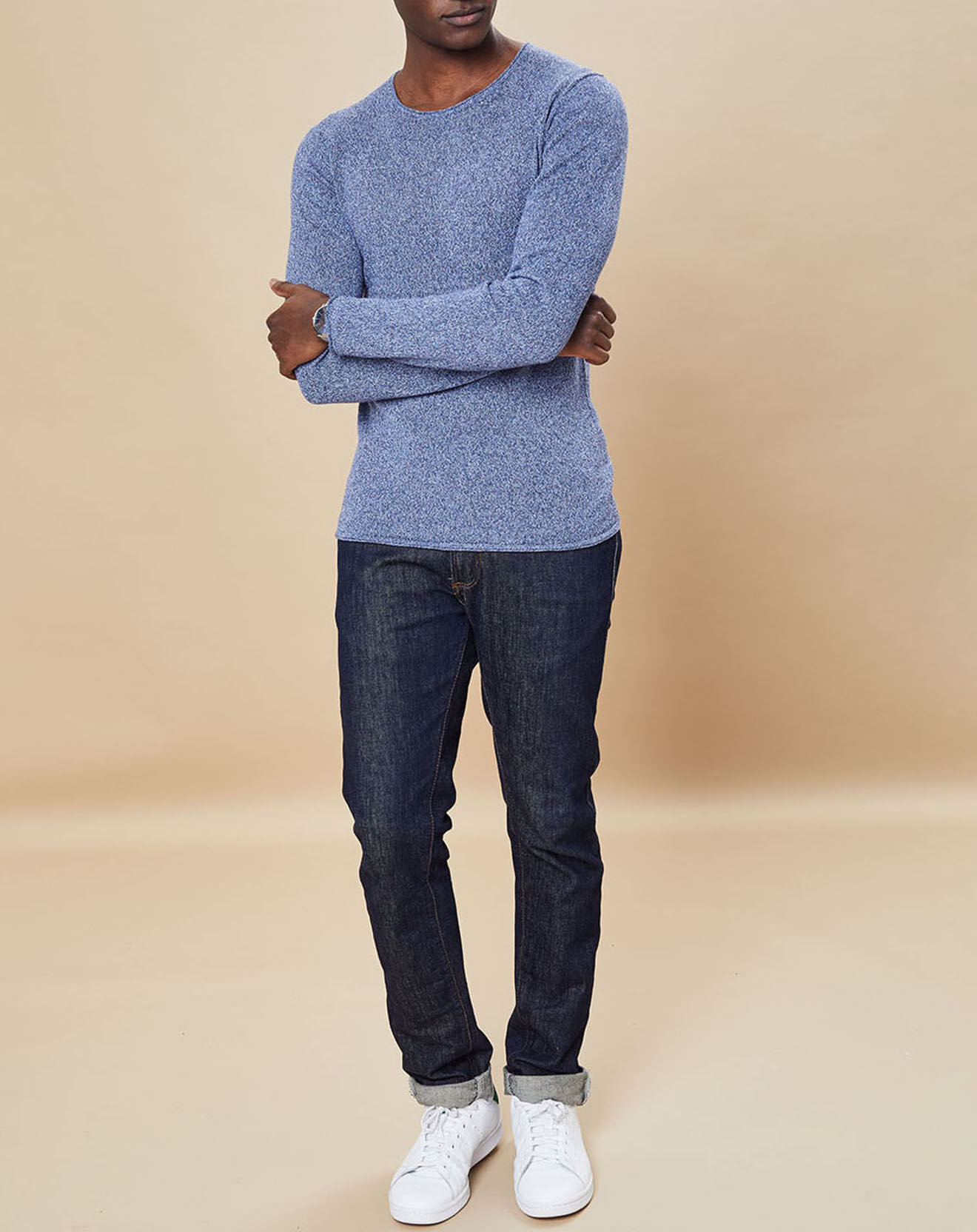 Hartford Pull en Coton & Lin Crew bleu chiné