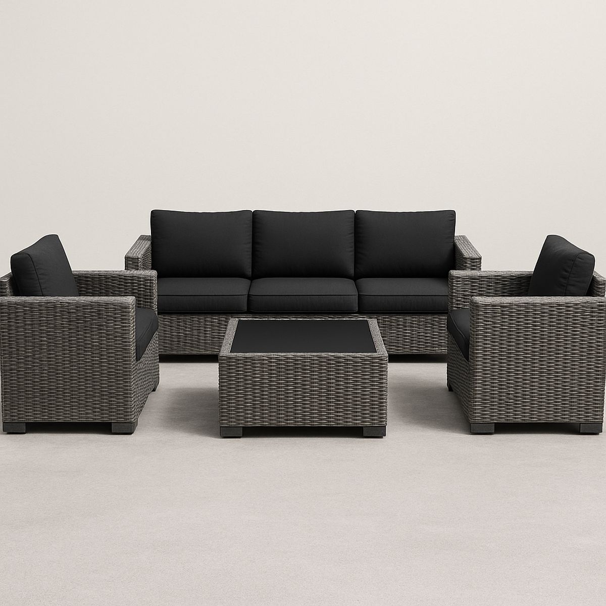 Gartenmöbelset Polyrattan Schwarz Grau 3-Sitzer Sofa 2 Sessel und Couchtisch