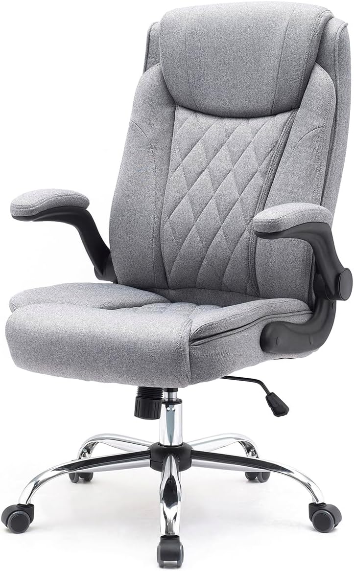 Stoff-Bürostuhl Comfortable, ergonomischer Drehstuhl bis 130 kg, mit klappbaren Armlehnen, Schreibtisch Stuhl mit Hohe Rückenlehne, grau