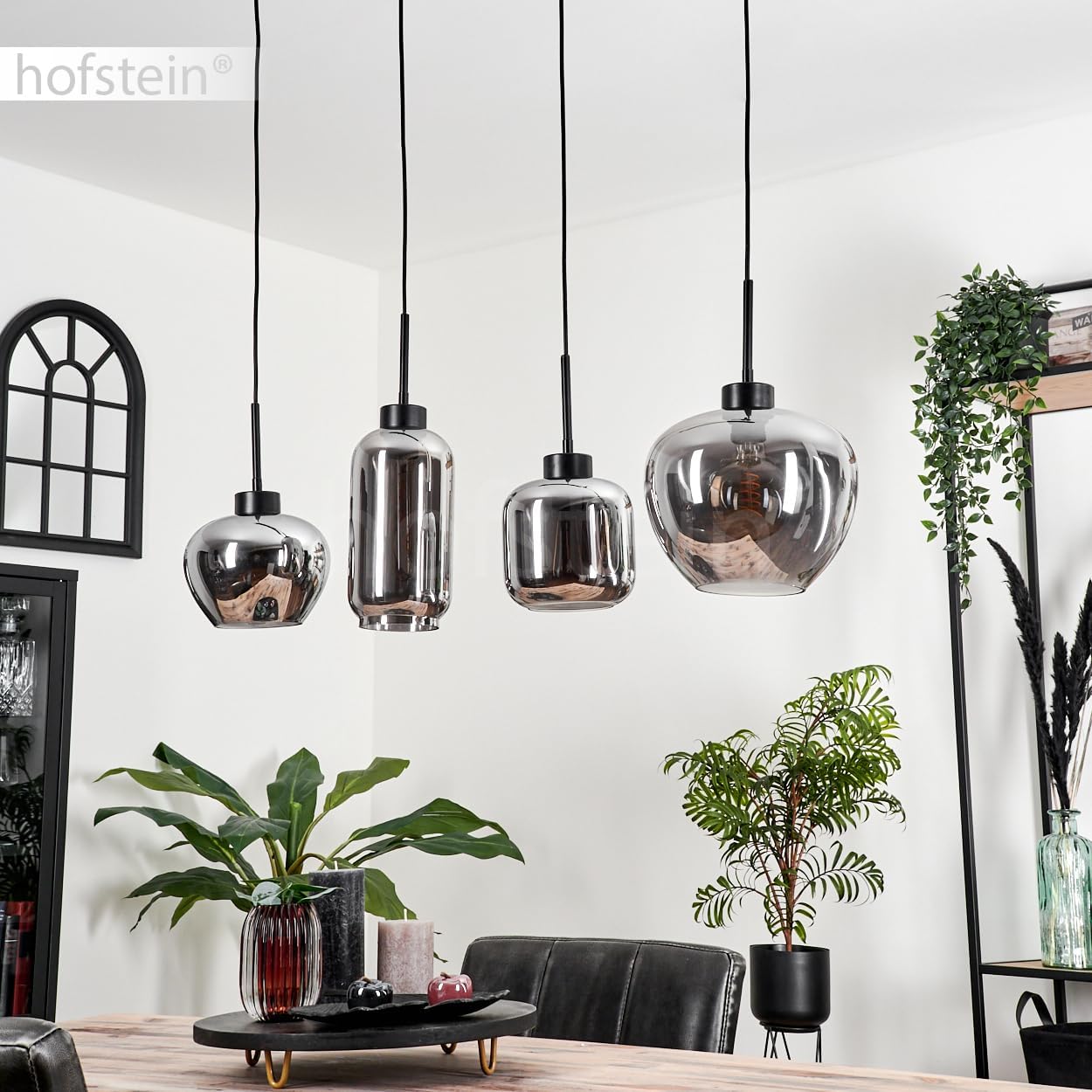 Hängeleuchte Talok, Hängelampe aus Metall/Glas in Schwarz/Rauchfarben, Leuchte im Vintage/Retro Design mit Schirmen aus Glas, 4-flammig, Höhe max. 120 cm, 4 x E27, ohne Leuchtmittel