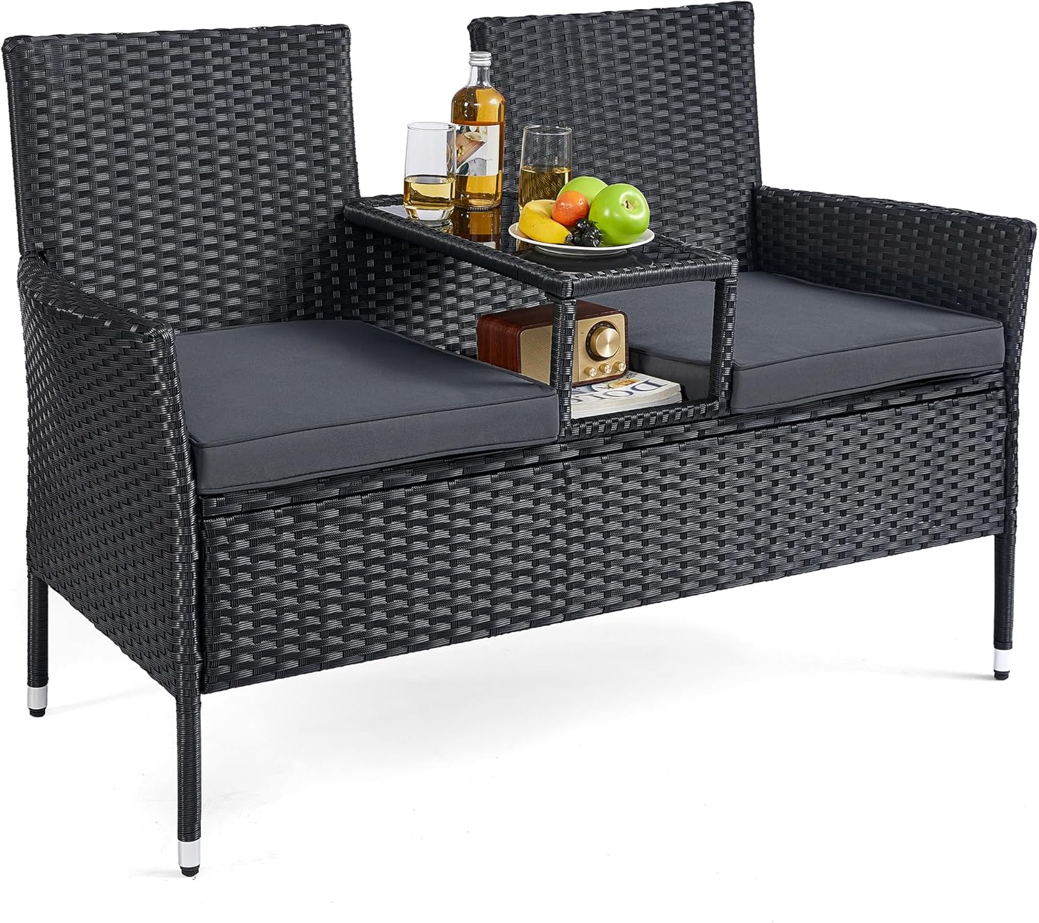 SONGMICS Gartenmöbel, Balkonmöbel aus PE-Polyrattan, Gartenbank, mit Tisch, Sofa, Terrassenmöbel, Outdoor, mit Kissen, für Terrasse, Garten, Balkon, schwarz-dunkelgrau GGF022B01