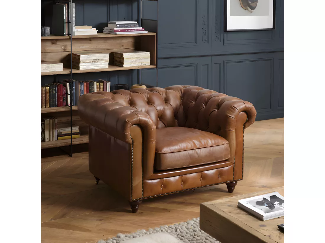 GASTON - Fauteuil marron CHESTERFIELD capitonné vintage 1 place cuir pieds bois