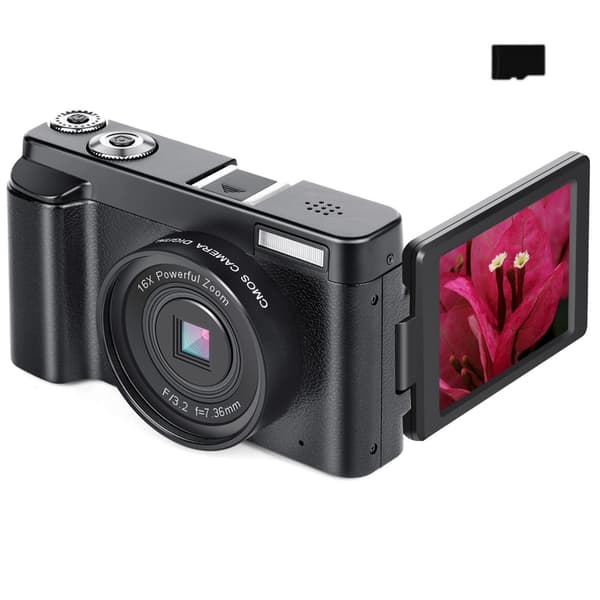 INF Digitalkamera med 48 MP, HD 1080p, 16x zoom, flip-skjerm, 32 GB minnekort