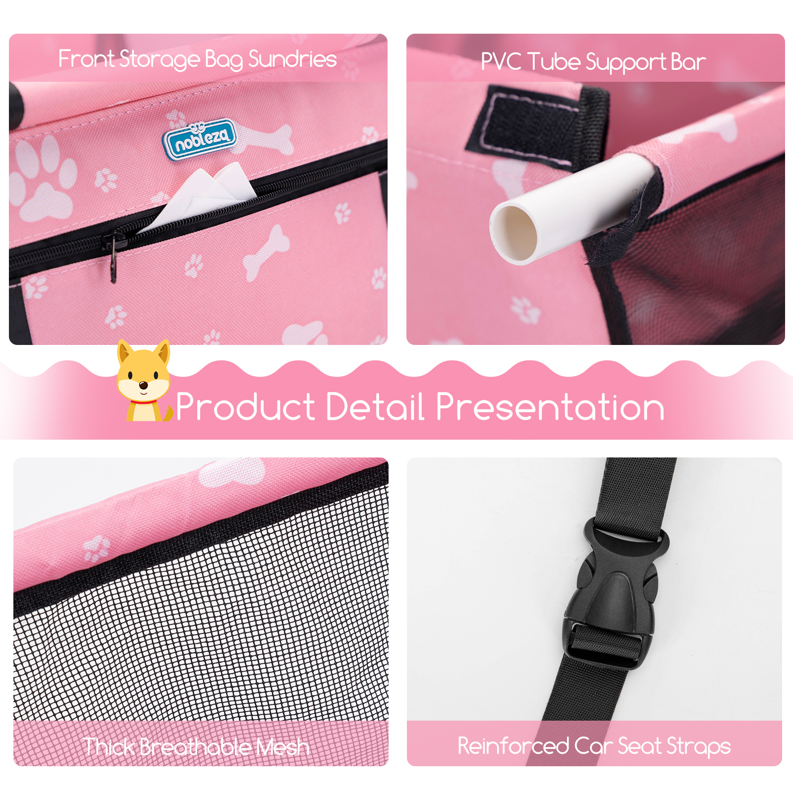 Nobleza - Assento Elevatório para Carro para Cães, Assento de Segurança para Animais de Estimação para Cães e Gatos, Dobrável, Bolsa de Viagem Lavável e Outros Animais de Pequeno Porte com Bolso com Zíper, 40 * 34 * 25 cm, Rosa