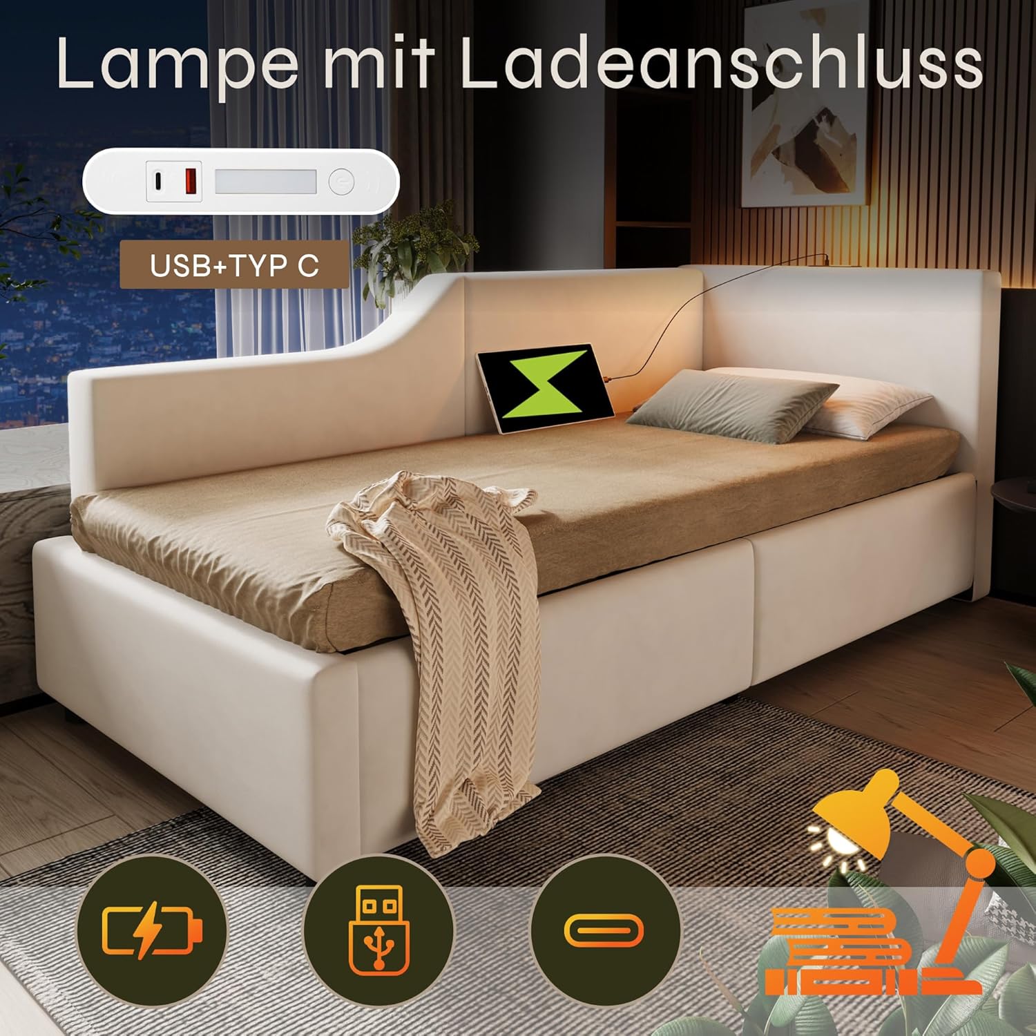 ANIROY Polsterbett, Tagesbett, Daybett, Schlafsofa mit Hydraulischem Stauraum, Lese-LED und USB-C-Ladefunktion, Kinderbett, Jugendbett, Bettgestell mit Lattenrost aus Holz, Samt (Beige, 90 x 200)