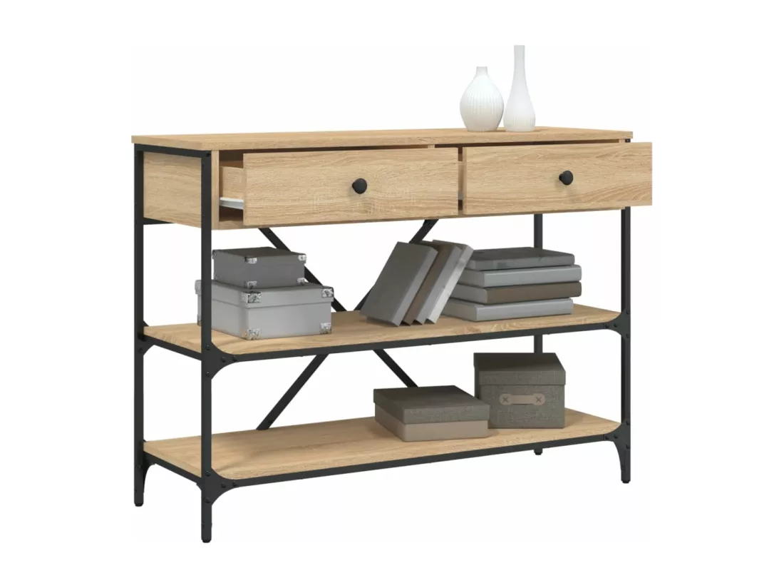 Table console avec tiroirs et étagères chêne sonoma