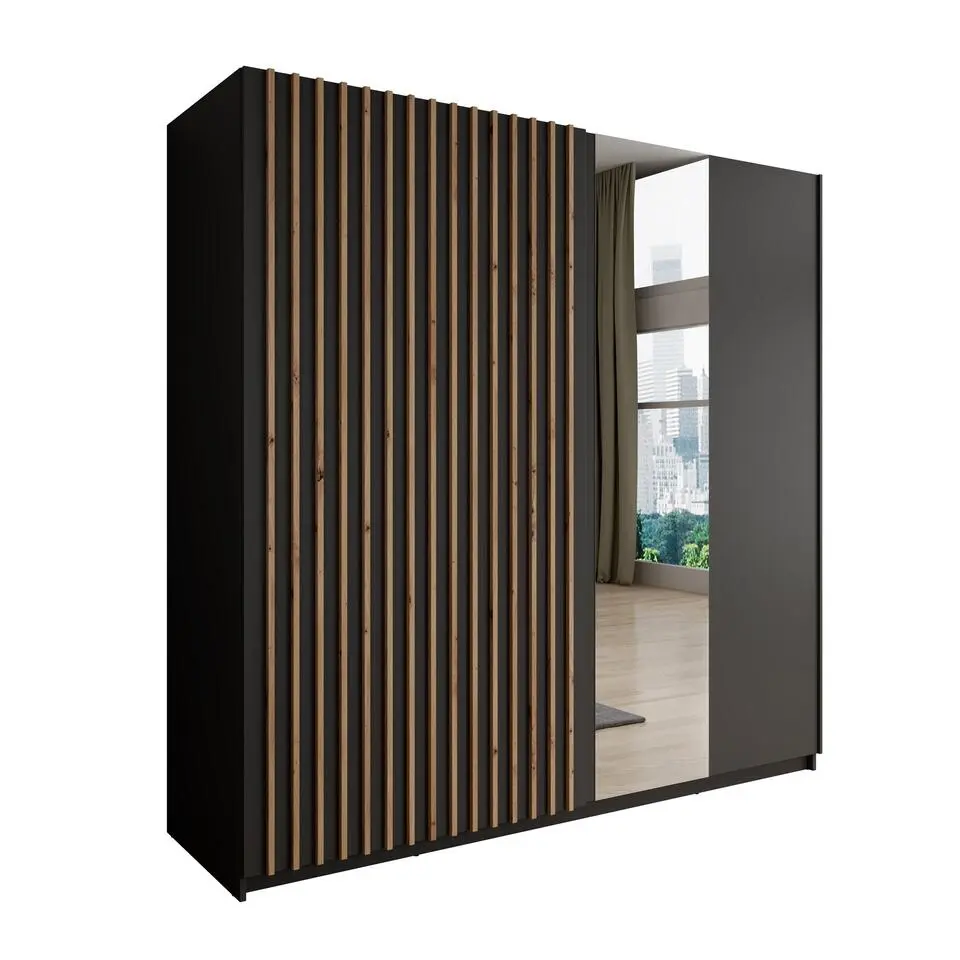 Meubella - Kledingkast Deliryon - Zwart - 200 cm - Met spiegel