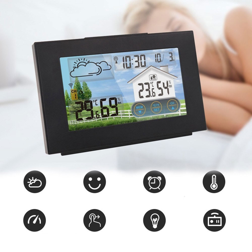 Wireless Wetterstation Wecker Digital Thermometer Indoor / Outdoor Touchscreen   Aussensensor - Schwarz