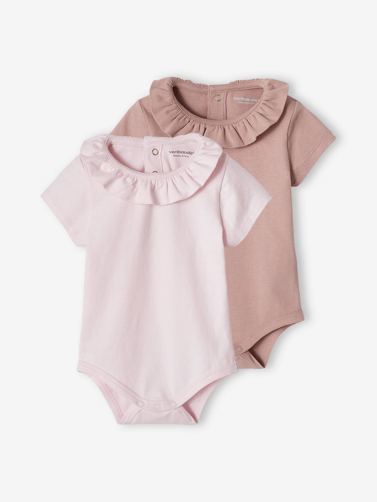 Conjunto de 2 bodies de manga curta para bebê com gola fantasia lilás claro.