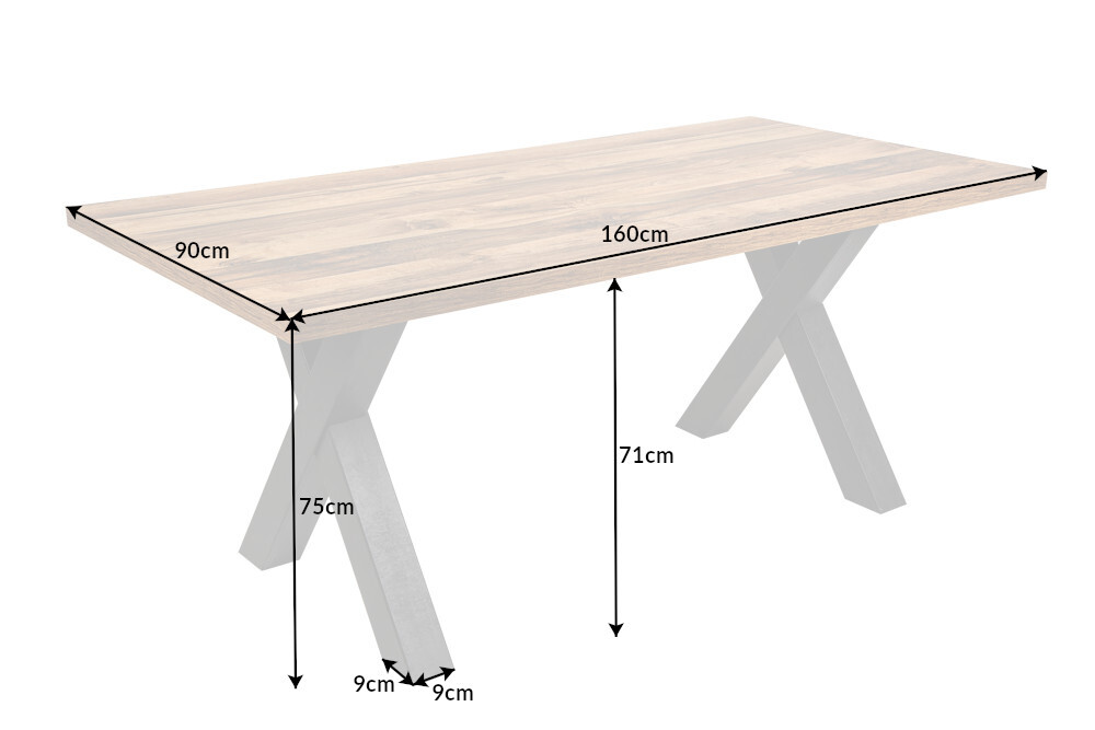 Industrial Esstisch MONTREAL 160cm natur schwarz Eichenholz-Design X-Gestell