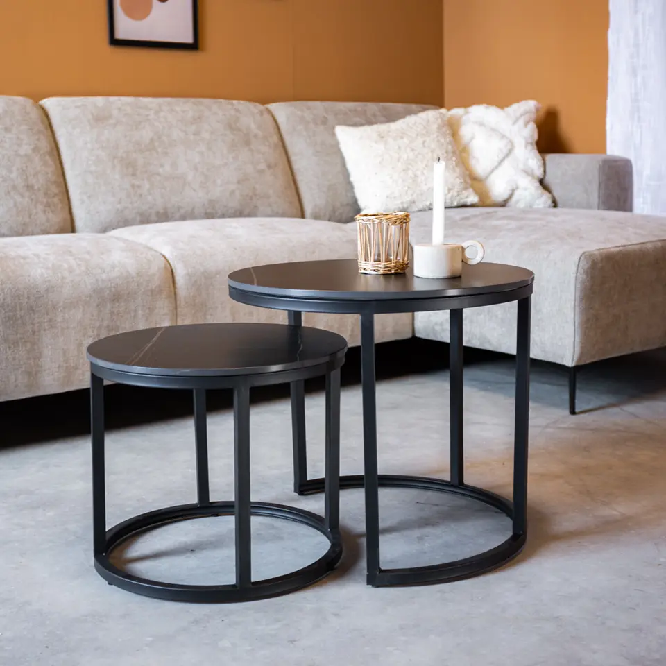 Salontafel set van 2 Paige marmer zwart rond - 53x53x47 cm - Stoneware - Zwart
