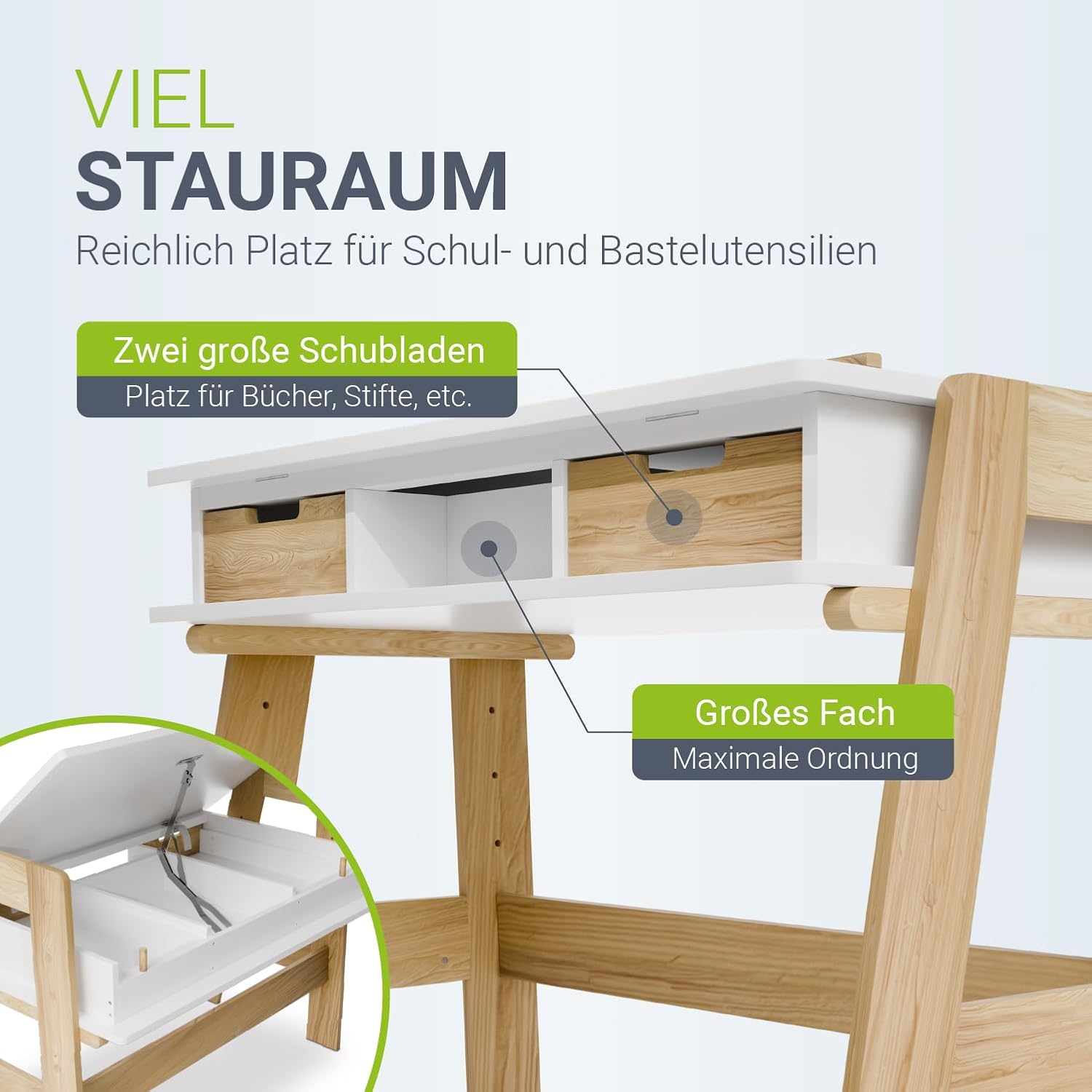 Juskys Kinderschreibtisch Fietje Plus - Neigungs- & höhenverstellbarer Schreibtisch für Kinder - aus Holz, 2 Schubladen, Stauraum - Lerntisch in Weiß