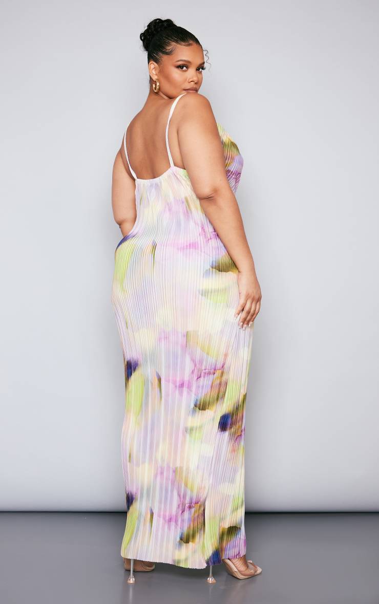 Lilas Robe Longue Plissée Grande Taille À Col Bénitier Imprimée