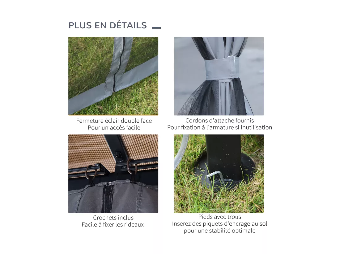 Pavillon de jardin tonnelle rigide dim. 4L x 3l x 2,65H m 4 parois latérales anti-UV gris 4 moustiquaires zippées alu. métal polycarbonate noir brun
