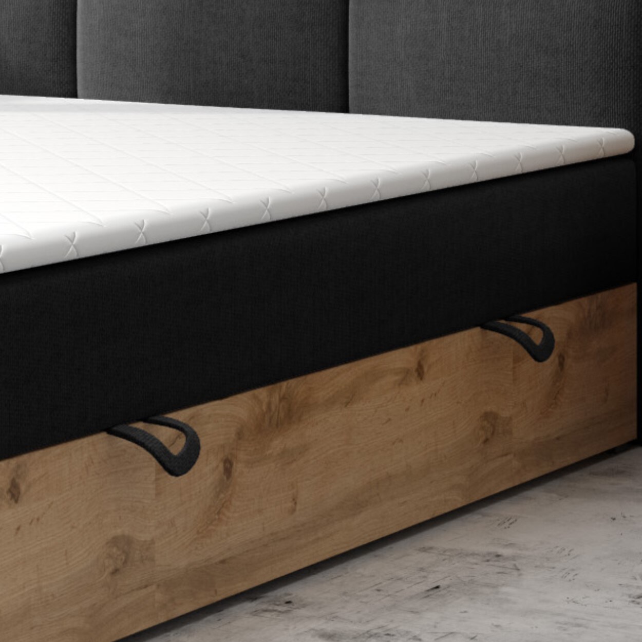 M-Punkt GmbH Boxspringbett STOCKHOLM Eiche Holz mit Bettkasten 180 x 200 cm Webstoff Schwarz - versch. Varianten
