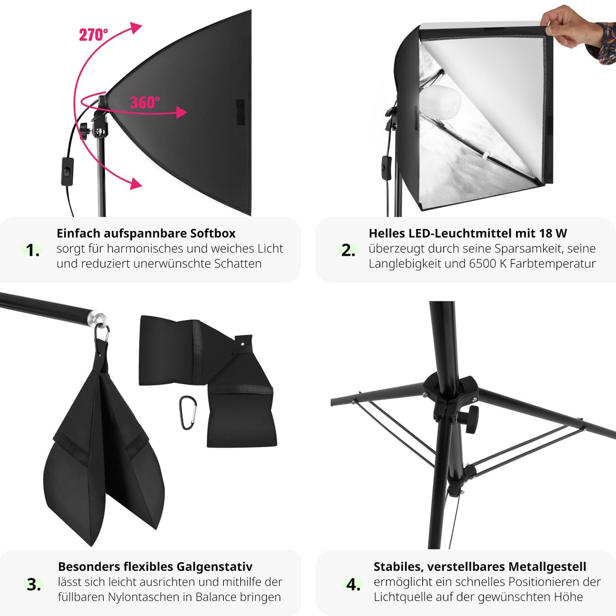tectake studiolamp met softbox en uitschuifbaar statief, lichtgewicht, inclusief draagtas
